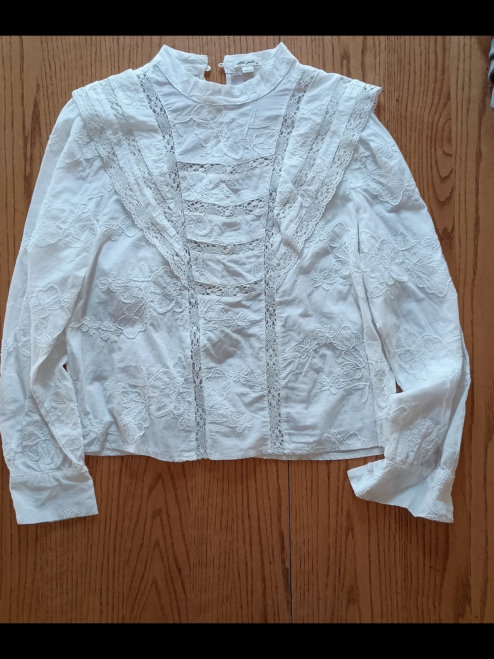 Ultra Pink White Embroidered Lace-Trim High-Neck Blouse